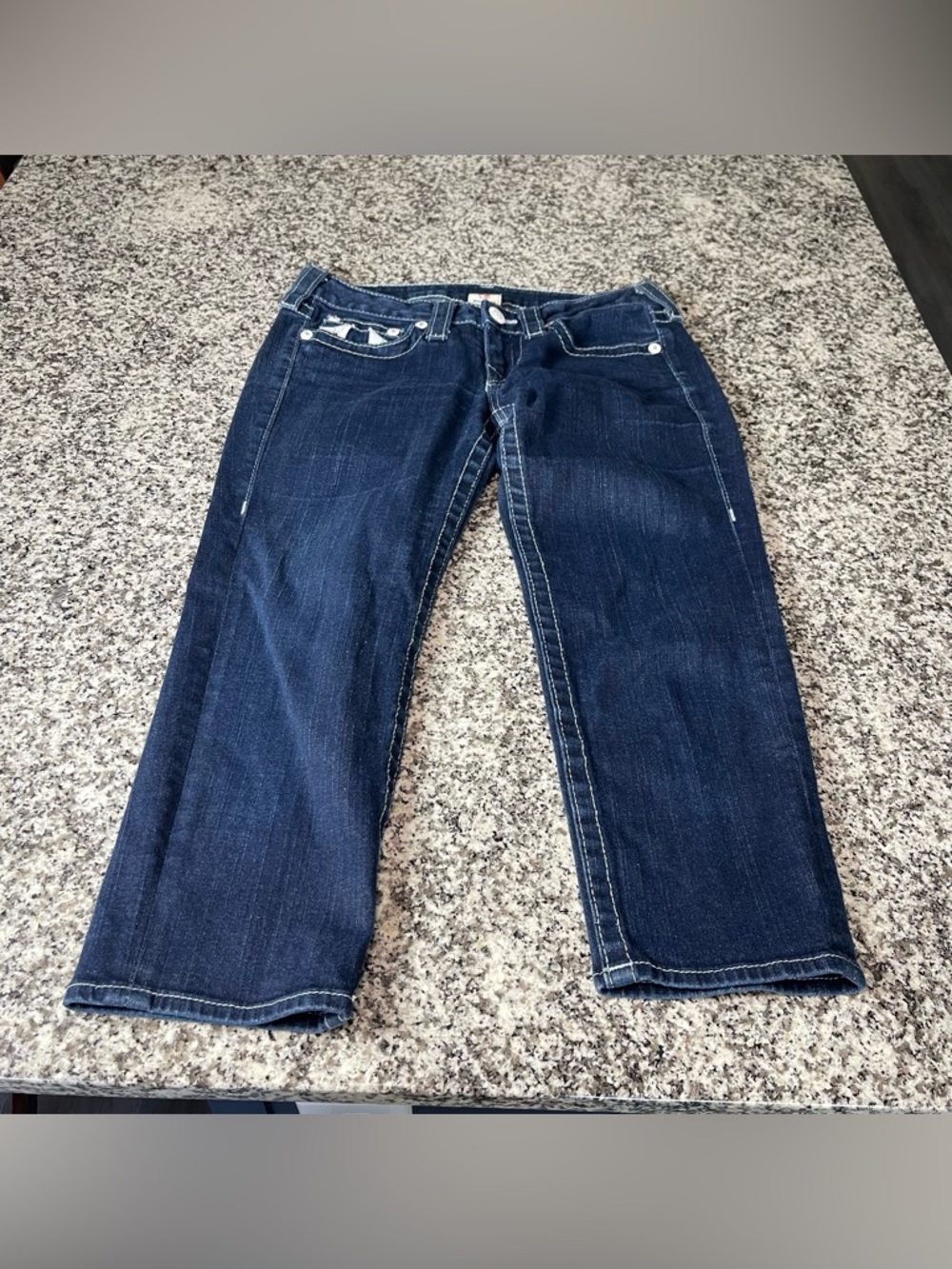 True Religion Denim Capri Jeans Womens 28 Blue Embroidered Pockets USA Dark Wash